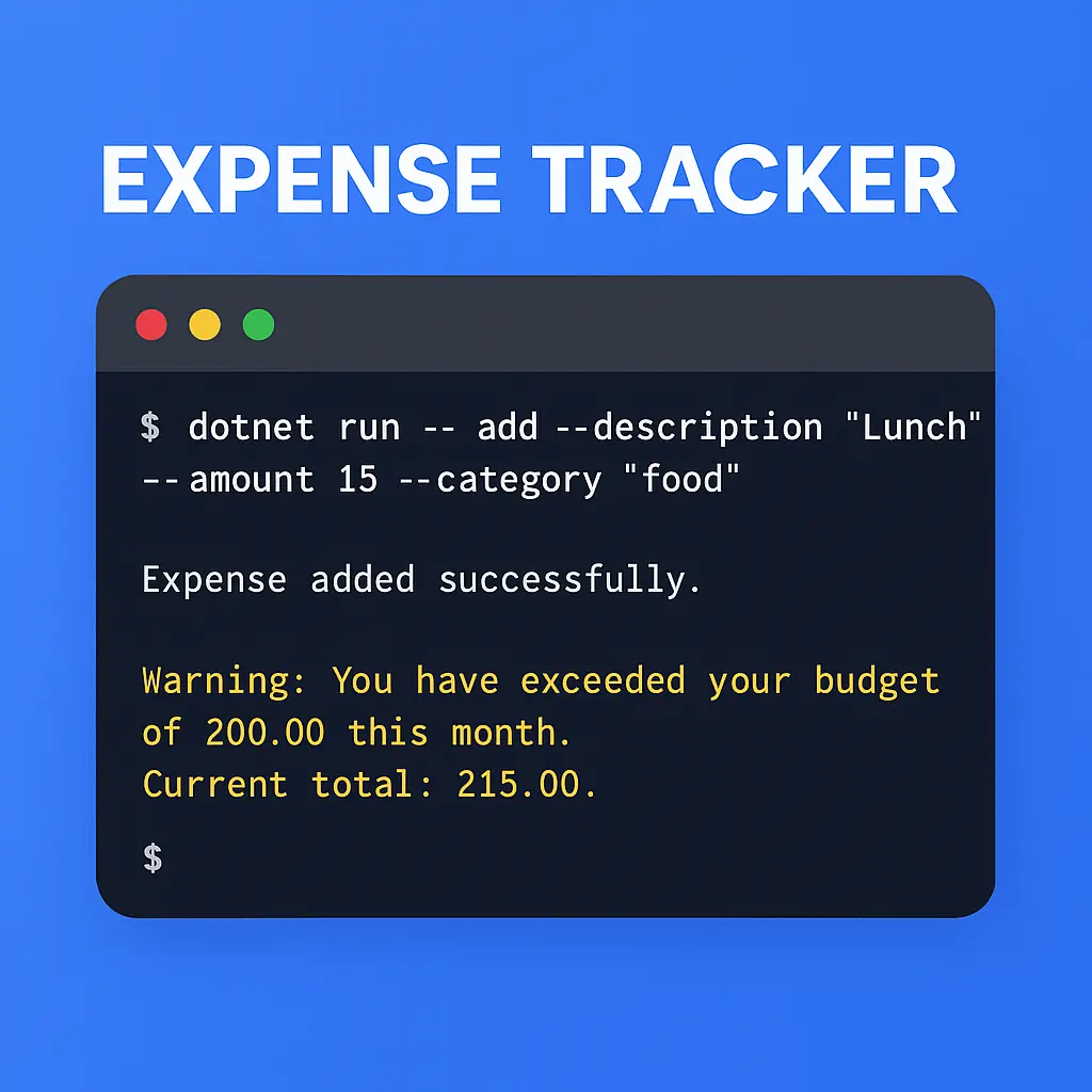 Screenshot of Expense Tracker — A command-line application built with .NET 9 and Cocona to manage personal expenses. It supports categorization, CSV export, budget tracking, and local JSON persistence.